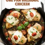 One Pan Balsamic Chicken in skillet topped with melted mozzarella cherry tomatoes and fresh basil