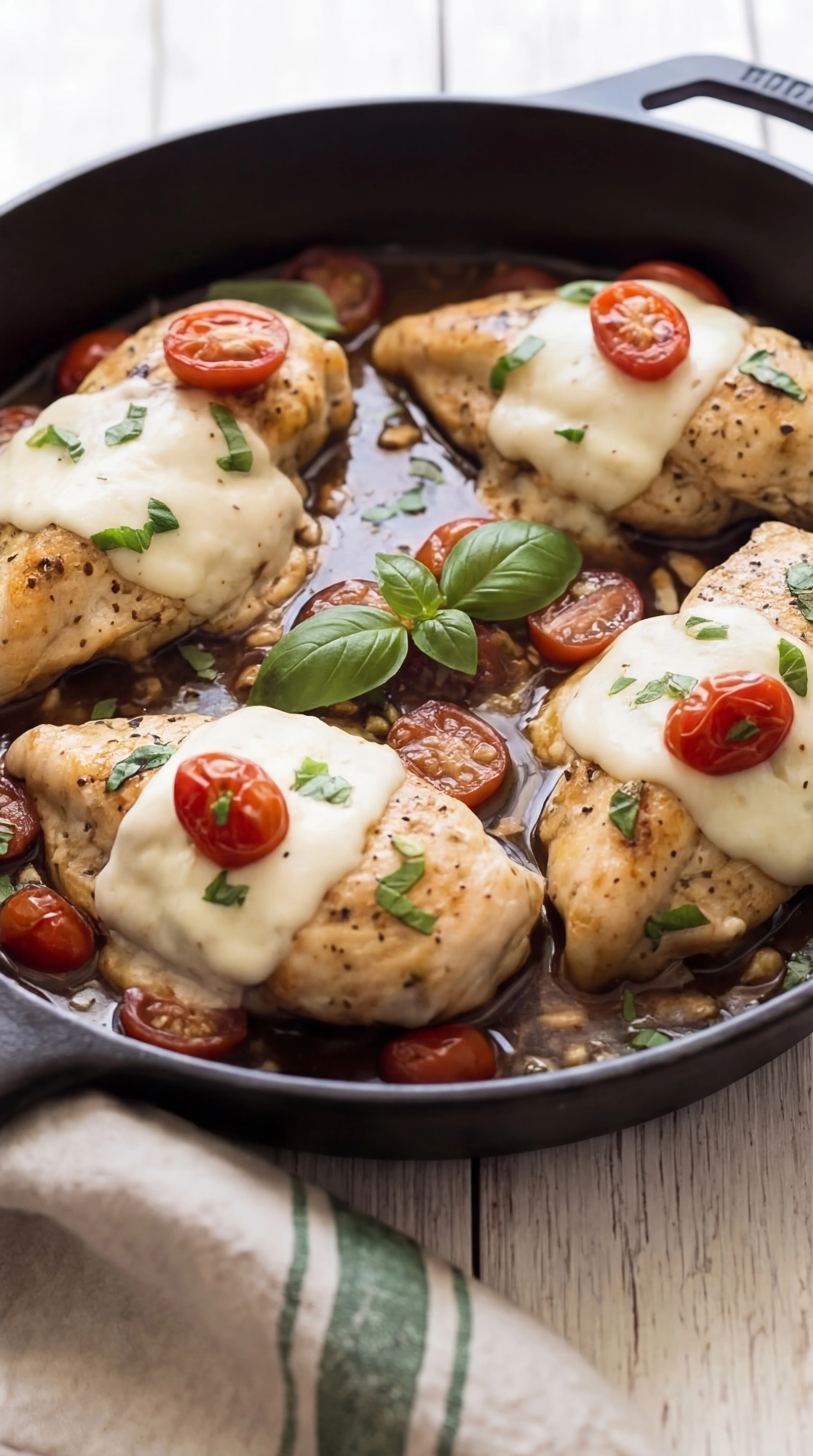 juicy chicken breasts topped with melted mozzarella in balsamic sauce with cherry tomatoes and herbs