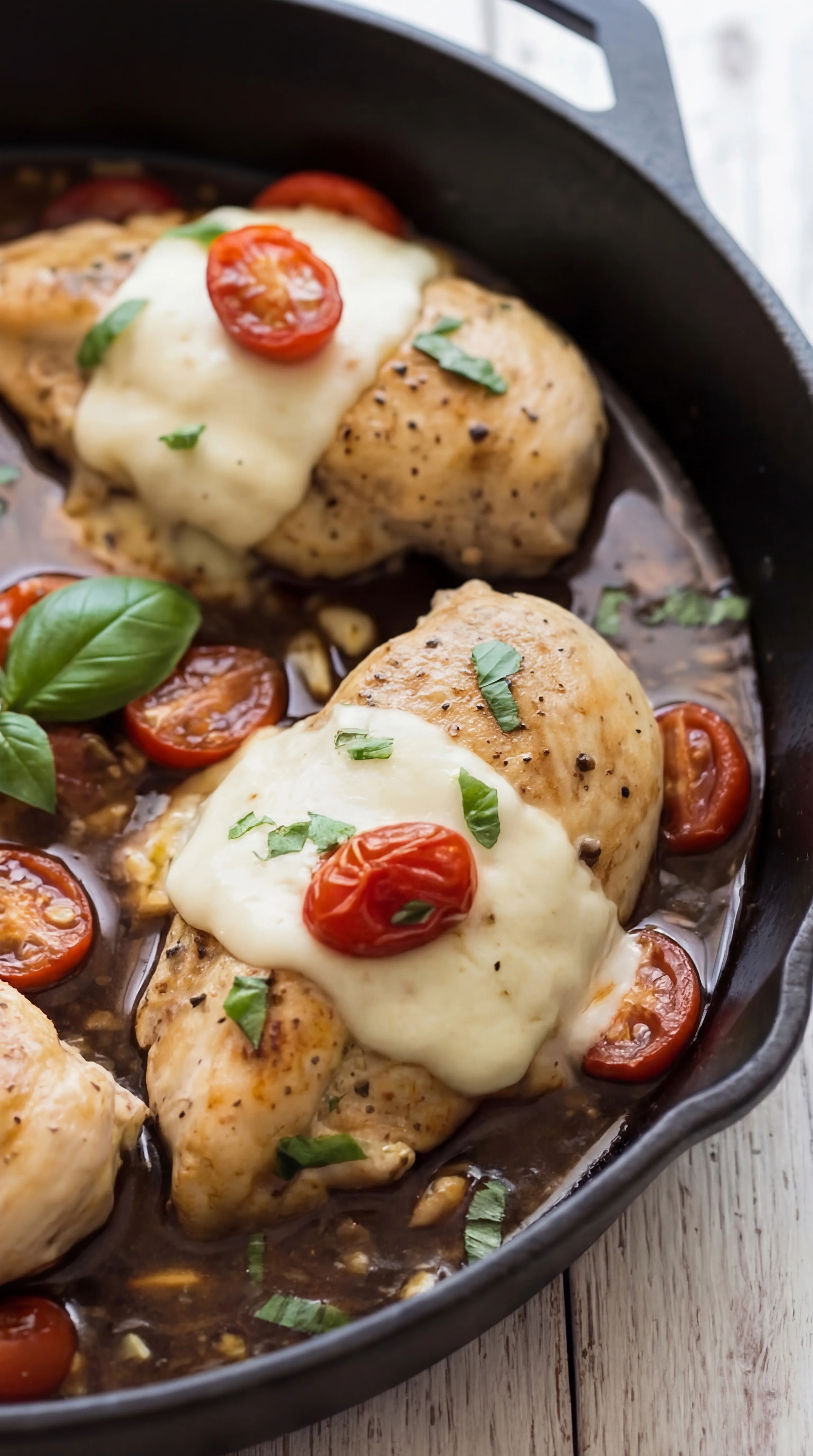 balsamic glazed chicken breast topped with melted cheese cherry tomato and fresh basil