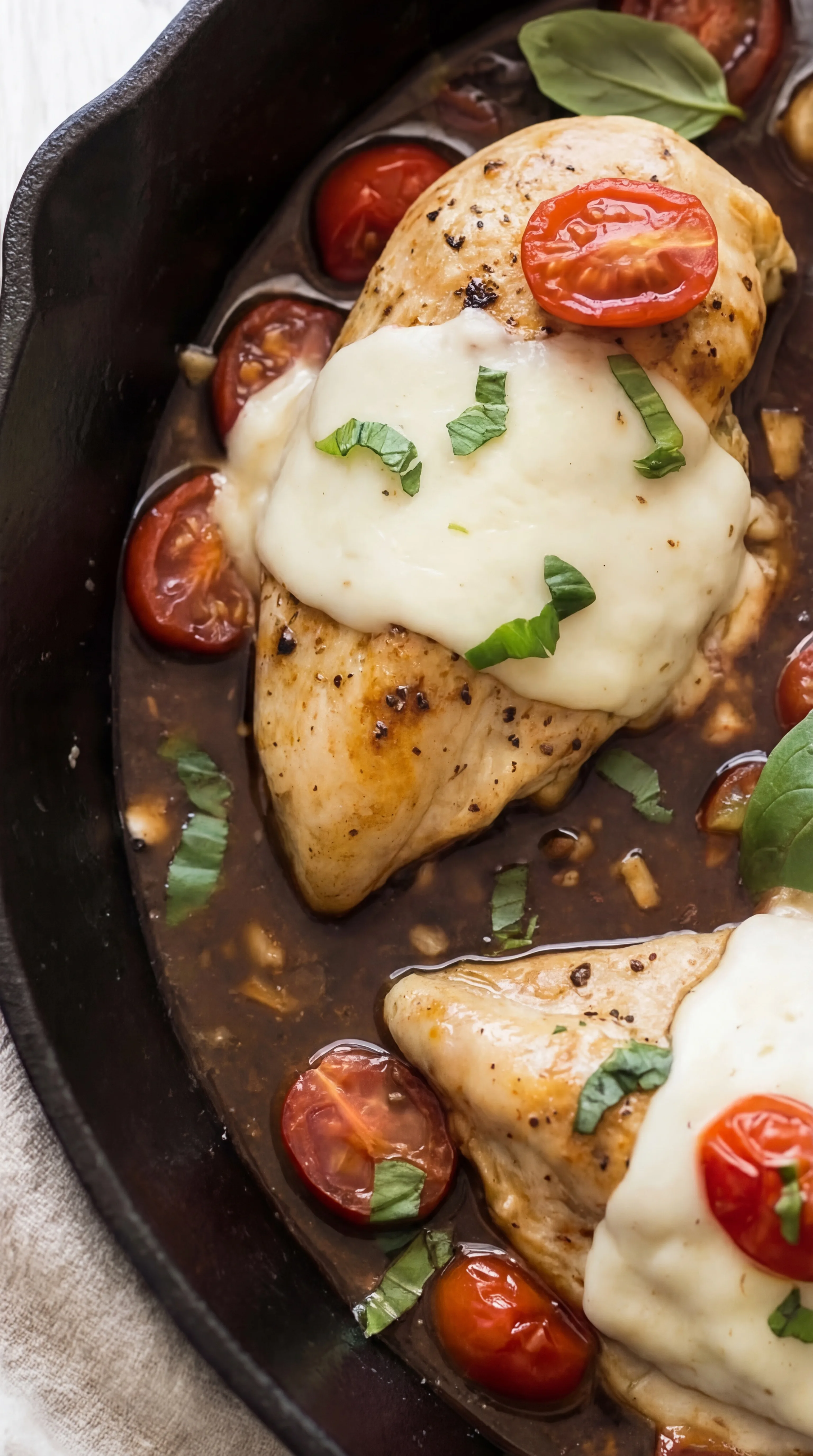 tender chicken cooked in rich balsamic sauce with garlic cherry tomatoes and melted mozzarella