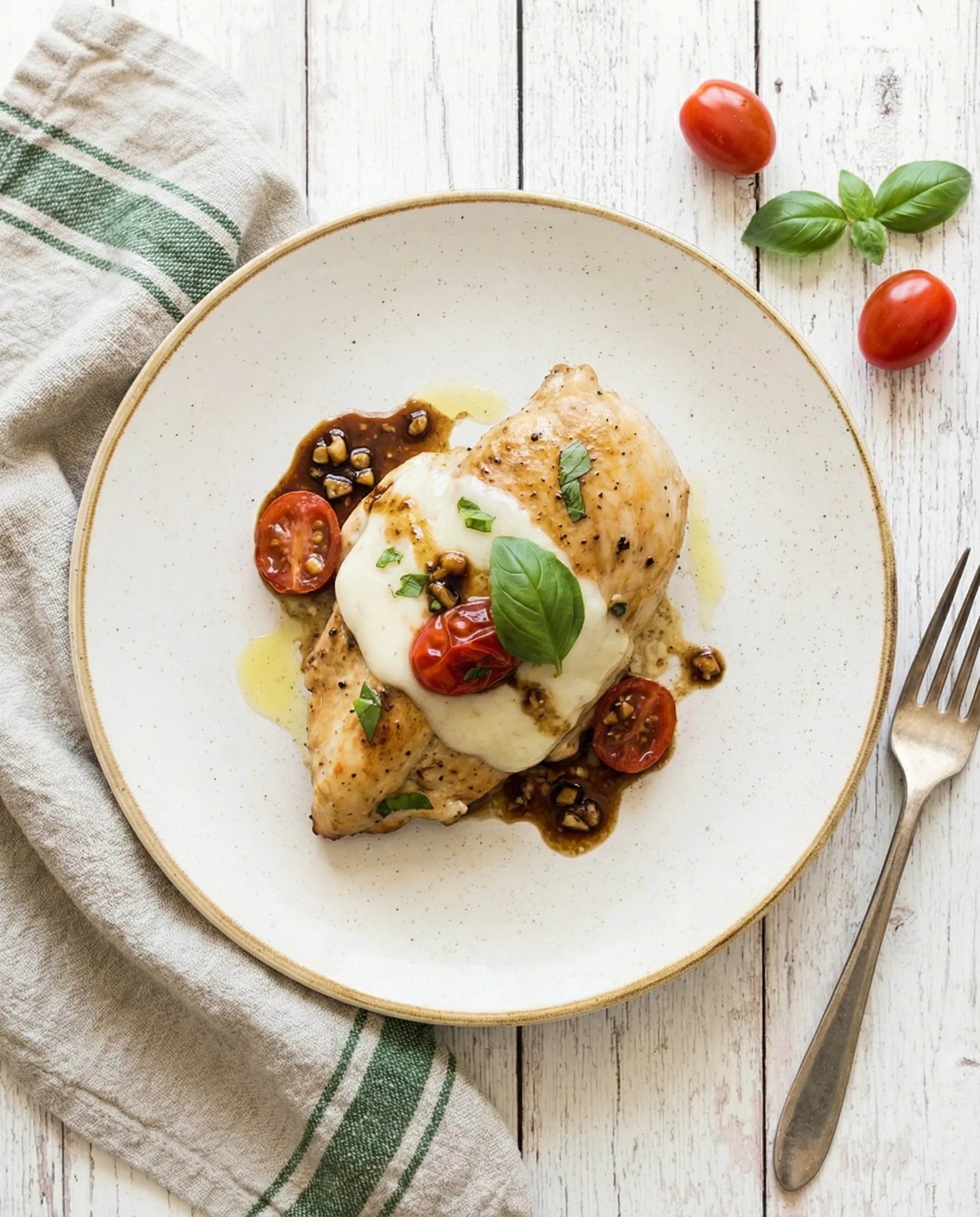 One Pan Balsamic Chicken served on plate with balsamic glaze tomatoes and basil garnish