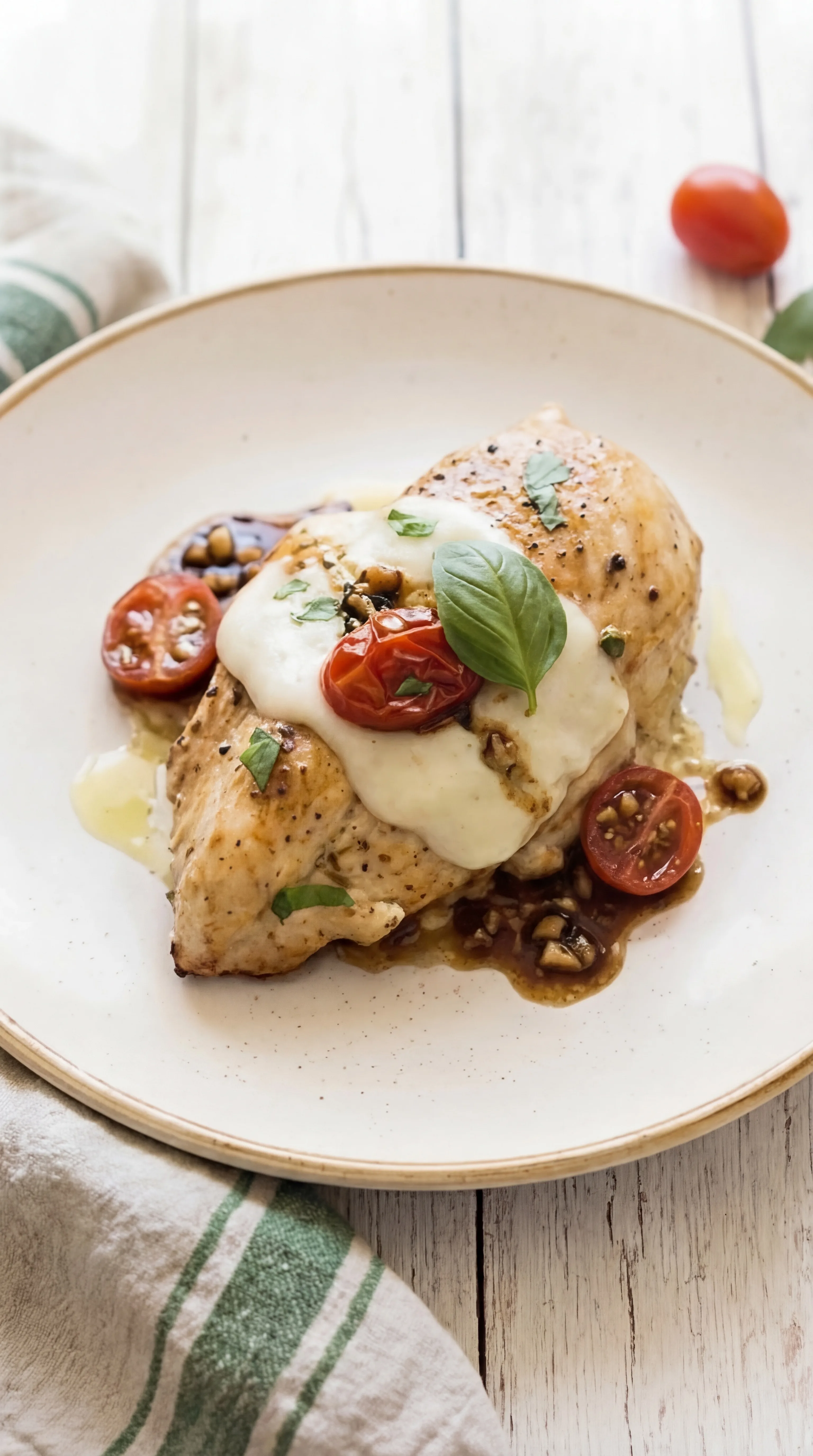balsamic glazed chicken breast topped with melted cheese cherry tomato and fresh basil