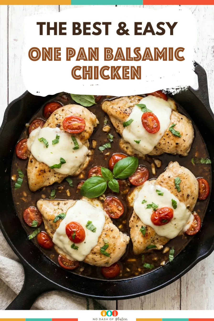 One Pan Balsamic Chicken in skillet topped with melted mozzarella cherry tomatoes and fresh basil
