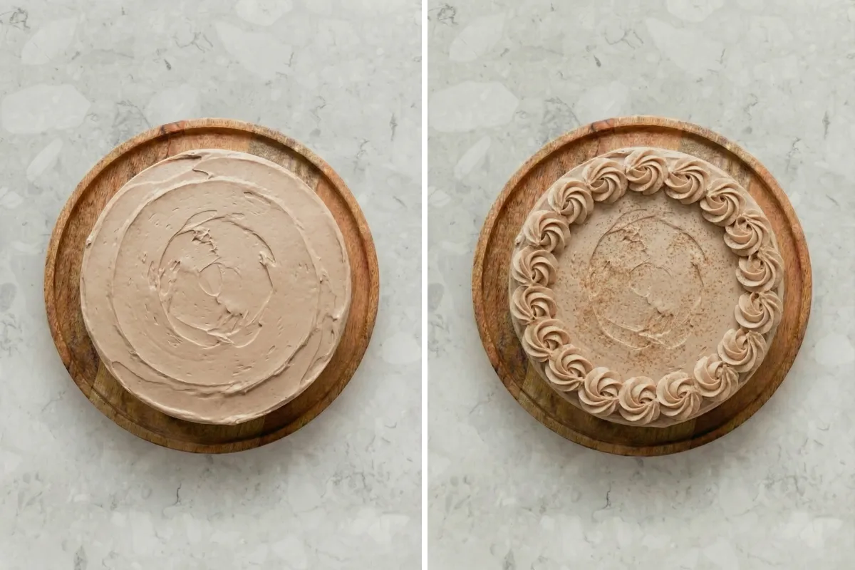 Snickerdoodle Cake frosted with cinnamon buttercream and piped swirl border on round cake