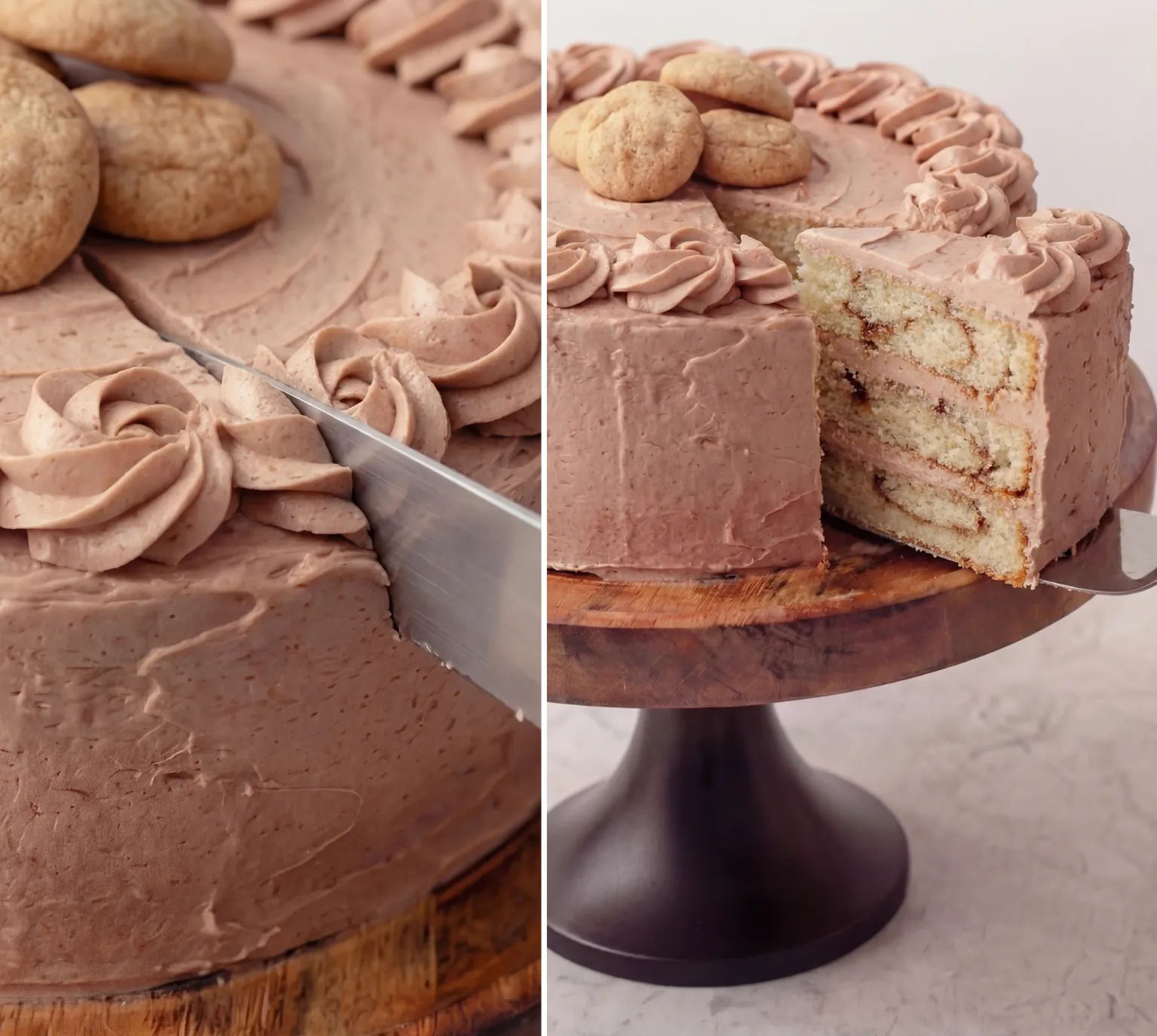 sliced Snickerdoodle Cake showing soft vanilla layers with cinnamon swirl and creamy frosting